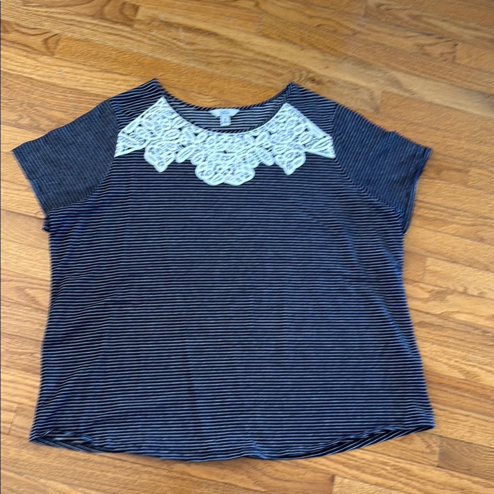 Striped Navy and White Lace Accent Top